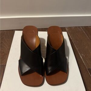 Black Leather Crisscross Slide Sandals - Women's